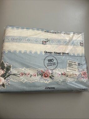 jcpenney Blue Floral Queen Fitted Sheet with Pink & Green Accents